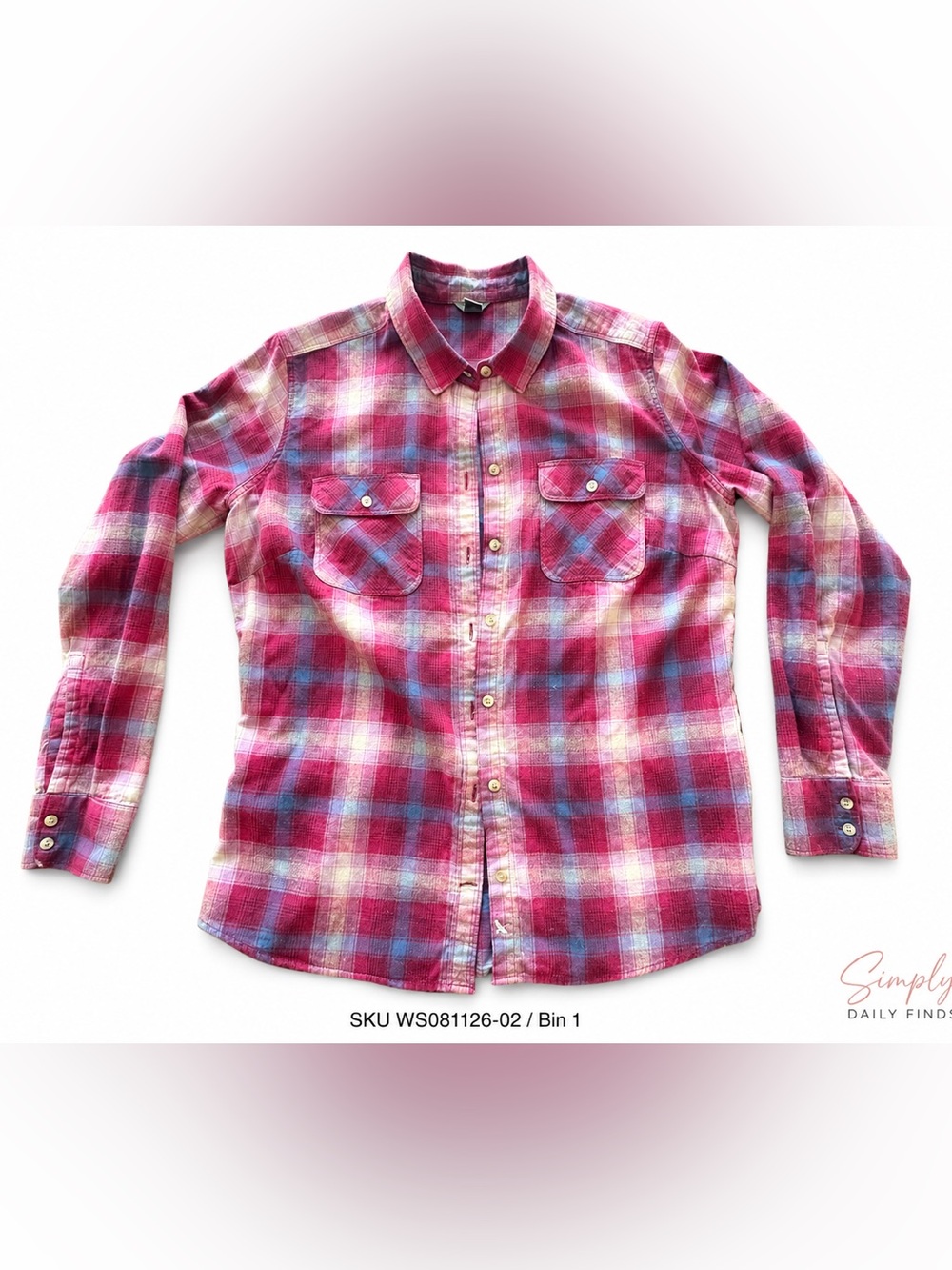 Eddie Bauer Women’s Large Plaid Flannel Shirt Pink Blue 100% Cotton Button Up